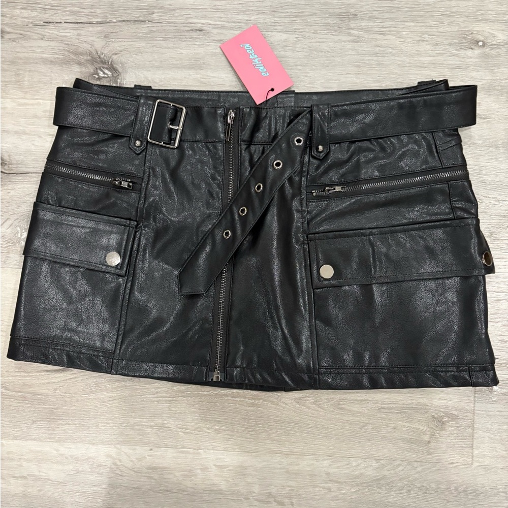 Edikted Leather Buckle Black Mini Skirt NWT
